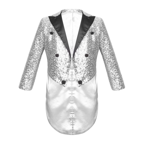 RUNQHUI Kids Boy's Tuxedo Jacket Sequin Blazer Tailcoat Swallowtail Suit Dinner Party Formal Dress Coat Silver 10