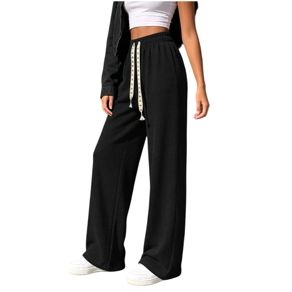 DeHolifer Womens Wide Leg Sweatpants Drawstring Elastic Waisted Sweat Pants Fashion Baggy Lounge Pants with Pockets Black Free Size
