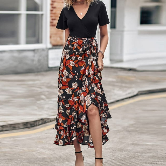 Jusqu'à 65 % de Réduction! Robes de Mode d'Été pour Femmes 2024 Grande Taille pour Manches Courtes Col en V Boho Imprimé Floral Ceinture Taille Haute Basse à Volants Robe Maxi Cocktail