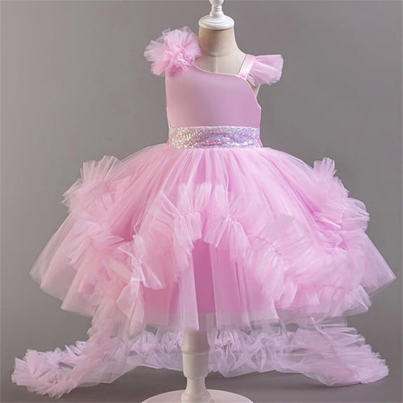 BRGZLK Girl Princess Dress Fashion Cute Sleeveless Round Neck Birthday Banquet Performance Gown Mesh Kid Gown Dress Pink A 5-6 Years