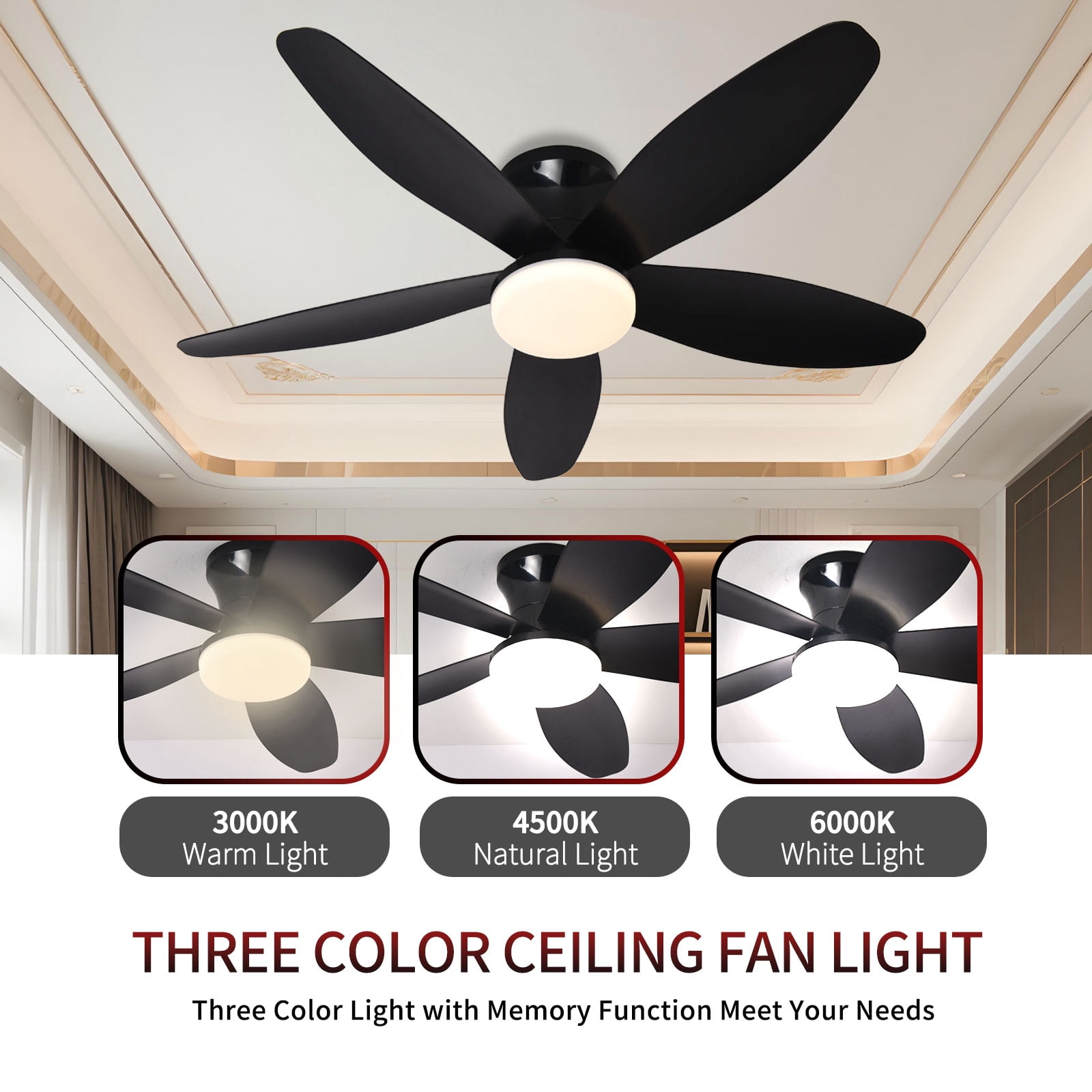 JLPAN Ceiling Fans with Lights, 36 Inch Low Profile Ceiling Fan with Light and Remote/APP Control, Flush Mount, 6 Speeds Reversible, LED Dimmable Modern Ceiling Fans for Bedroom,Indoor, Black