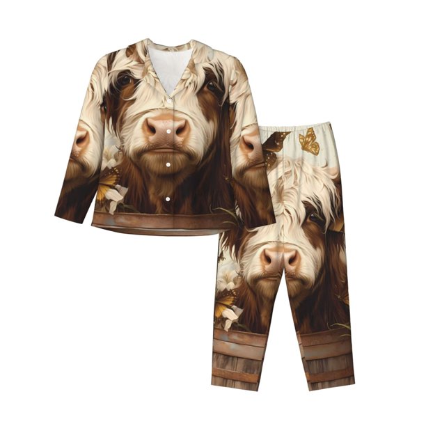 Fotbe Butterfly Cow Barrel Conjunto de Pijama de Manga Larga para Mujer con Estampado, Ropa de Dormir de 2 Piezas, Conjunto de Casa Suave y Cómodo con Bolsillos-XX-Large