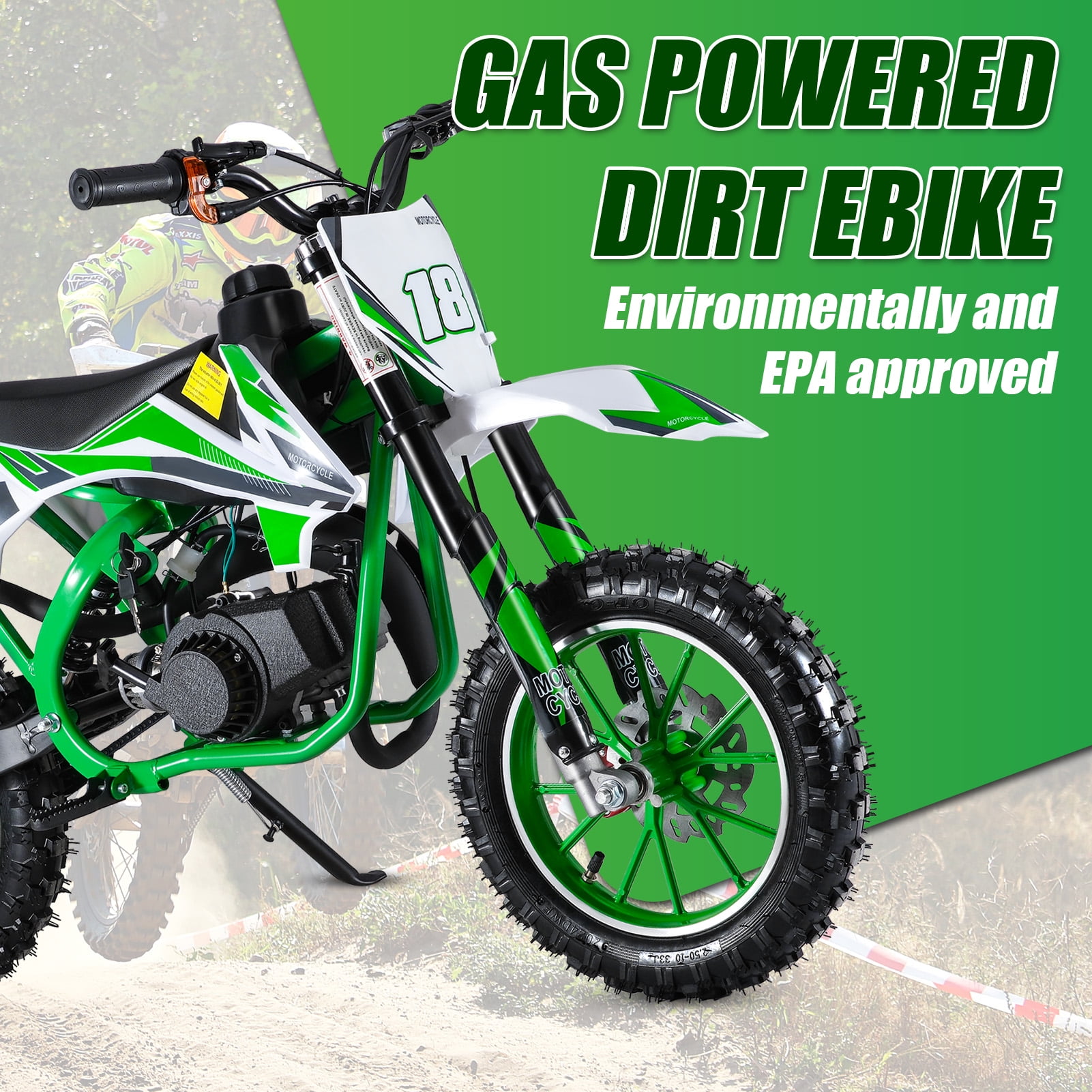 Kids Dirt Bike - 49cc 2-Stroke Gas Power with Front & Rear Disc Brakes, Off-Road Mini Motorcycle & Pocket Motorbike (Green)