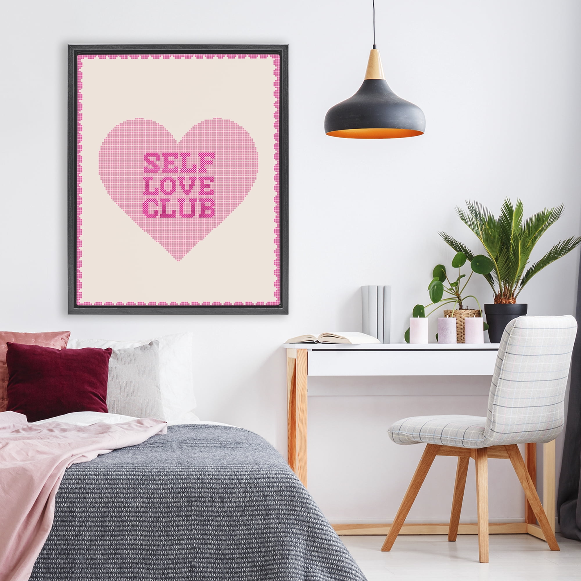 Stupell Industries Self Love Club Pixel Heart Black Framed Floater Canvas Wall Art, design by Lil' Rue