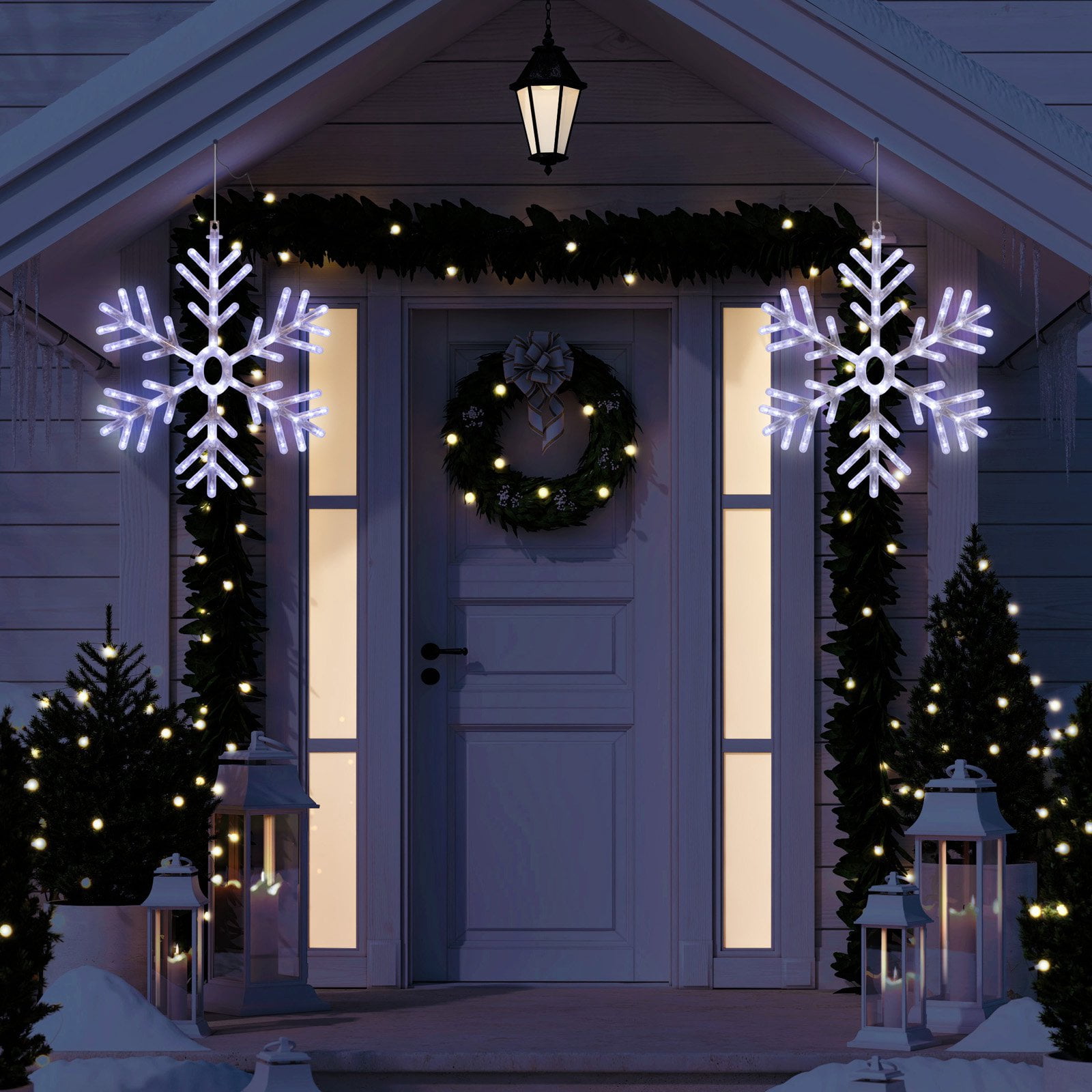 Alpine Corporation 20" x 24" Hanging Light-Up Snowflake Holiday Decoration, White