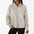 thumbnail image 2 of Womens Zip up Sweatshirt, Stand Collar Fleece Jackets No Hood, Lightweight Casual Solid Color Long Sleeve Zipper Front Fall Jackets with Pockets B-Khaki M, 2 of 9