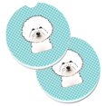 thumbnail image 1 of Checkerboard Blue Bichon Frise Set of 2 Cup Holder Car Coaster, 1 of 1