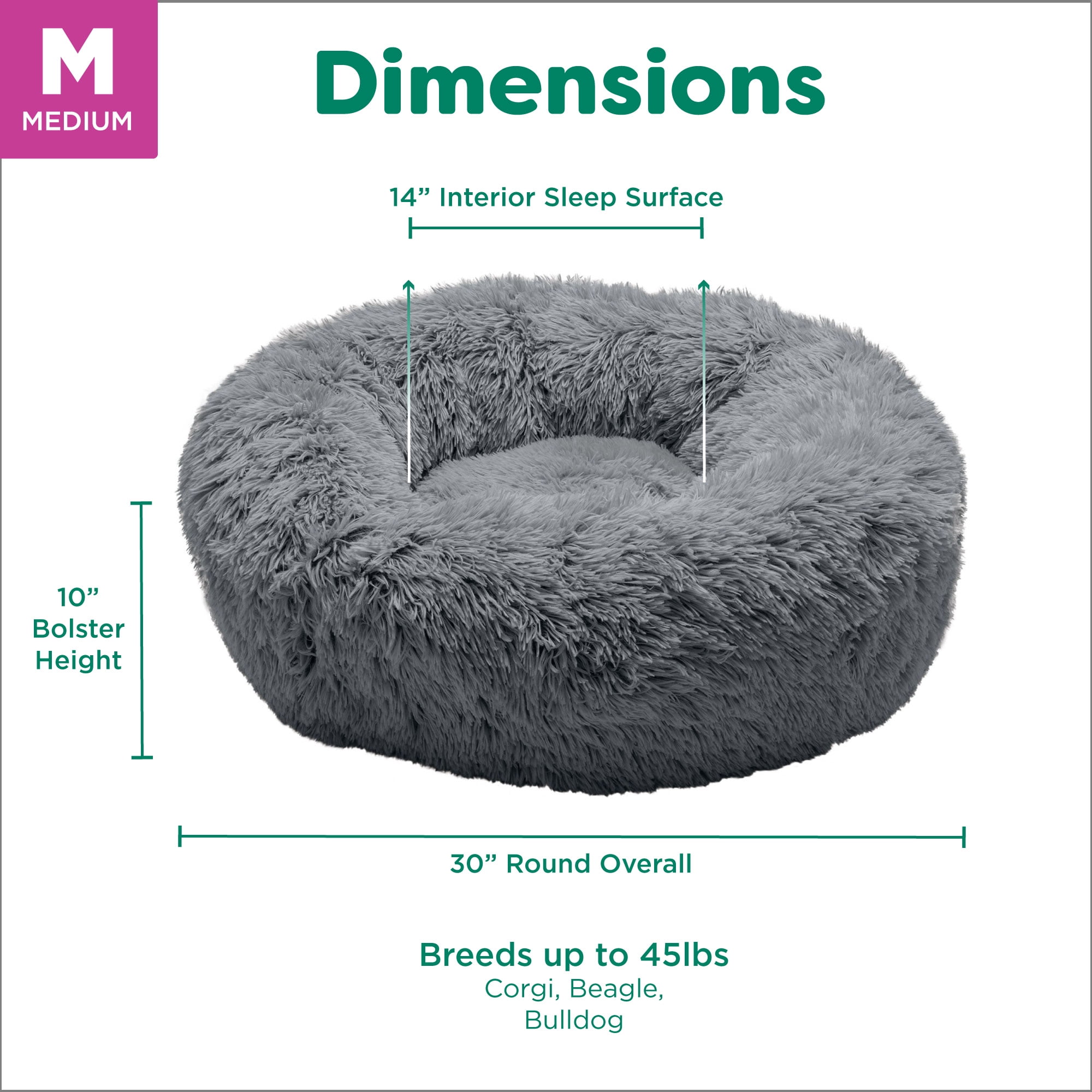 Furhaven 30" Round Calming Donut Dog Bed with Washable & Removable Cover & Bolster - Shaggy Plush Long Faux Fur Ball Bed - Gray, For Dogs Up to 45 lbs, Medium