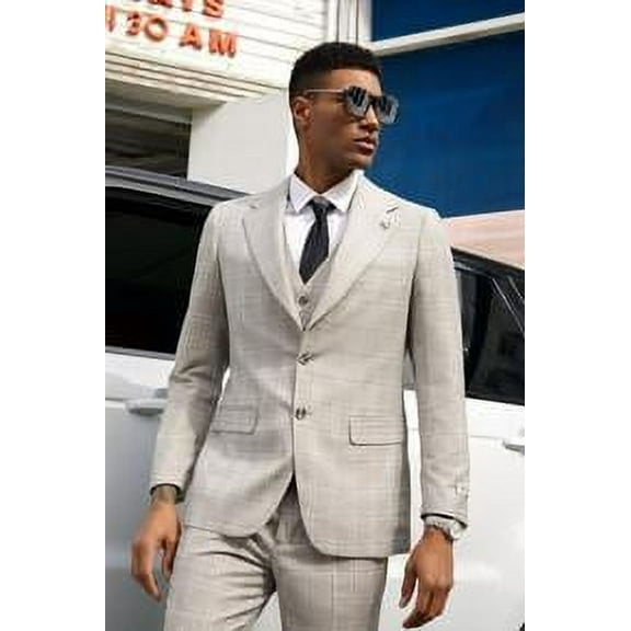 Stacy Adams Mens Windowpane Suit Tan Summer Modern Fit SM152H1-161