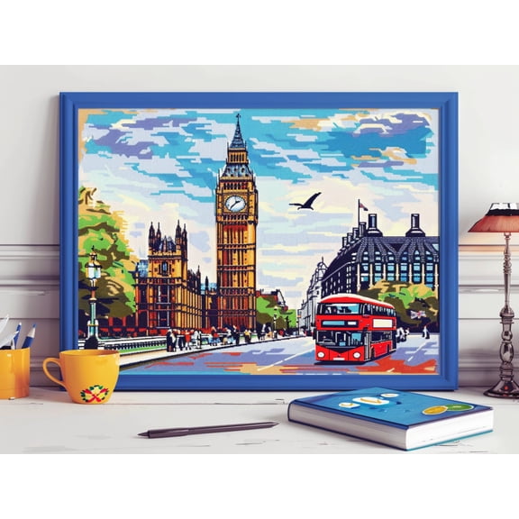 Colorful London Cityscape DIY 11CT Stamped Cross Stitch Kits for Beginners Easy Needlepoint Embroidery Counted Cross Stitch Art Craft for Wall Decoration 12x16inch(2)
