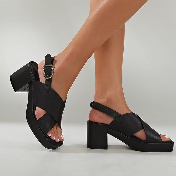Zapatos de mujer Casual Correas cruzadas Hebilla Tacones altos gruesos Punta cuadrada Sandalias de color sólido Wmkox8yii hfjk3878