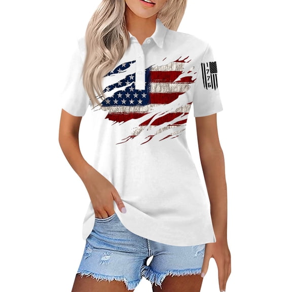 HAJWOH Summer Tops For Women 2025, 4Th Of July Polo V Neck Button Down Short Sleeve Collared Golf Shirts Casual Outfit