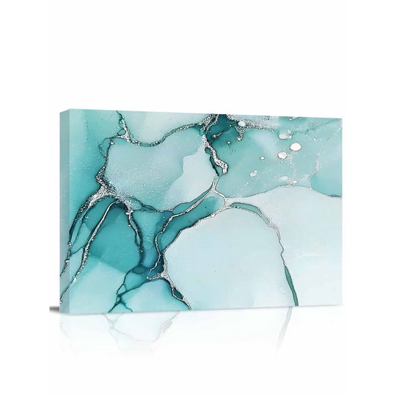 Marble Turquoise Wall Art for Living Room,Canvas Picture Wall Decor for Bathroom Bedroom,Abstract Nature Cracks Silver Wavy Painting Artwork for Office Kitchen Hallway Dining Room Home Decor 16"x20"