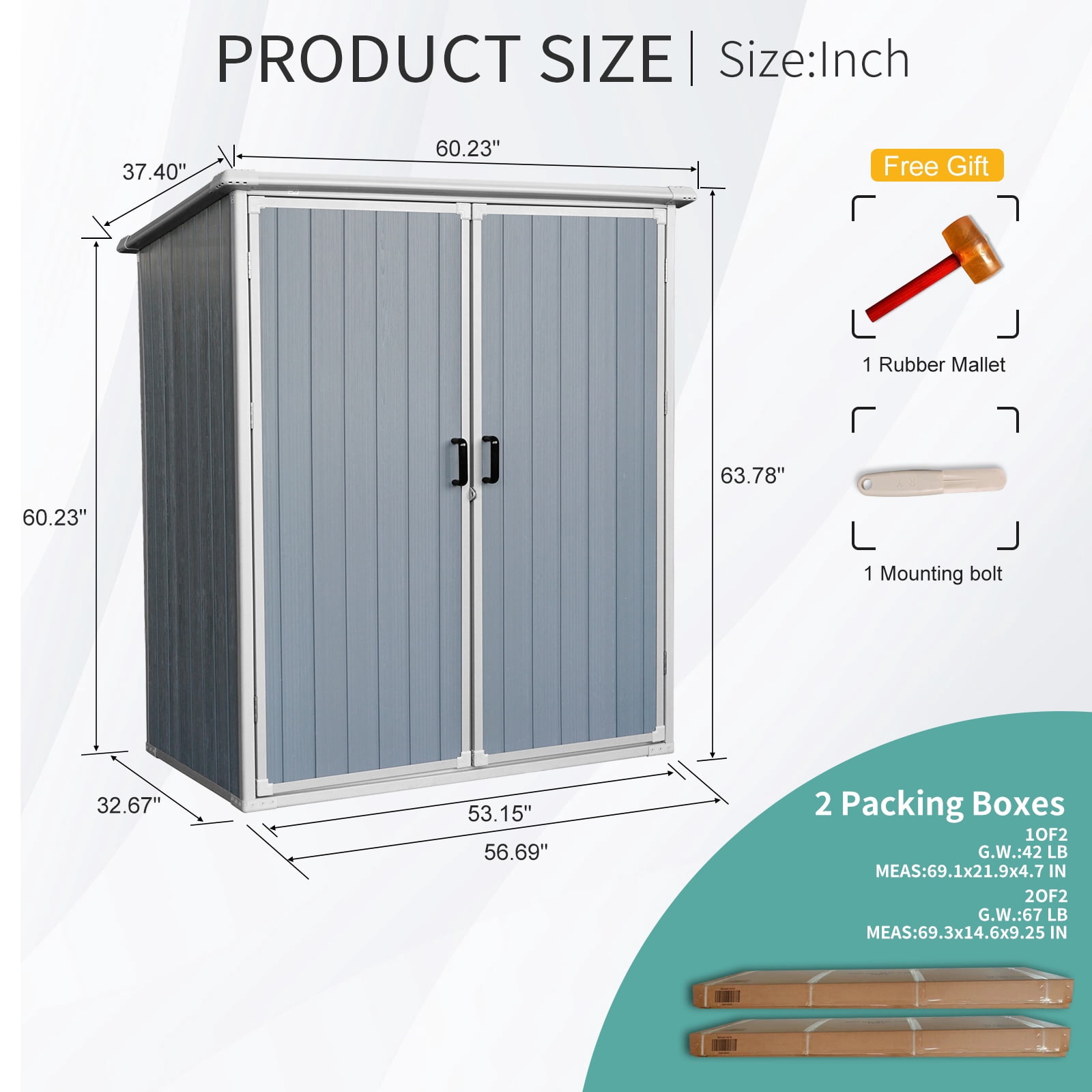 Resin Storage Shed with Floor, Seizeen 5 x 3FT Plastic Outdoor Storage Double Door Design, Waterproof Resin Cabinet with Sloped Top for Garden Tool Patio Poolside Yard Storage
