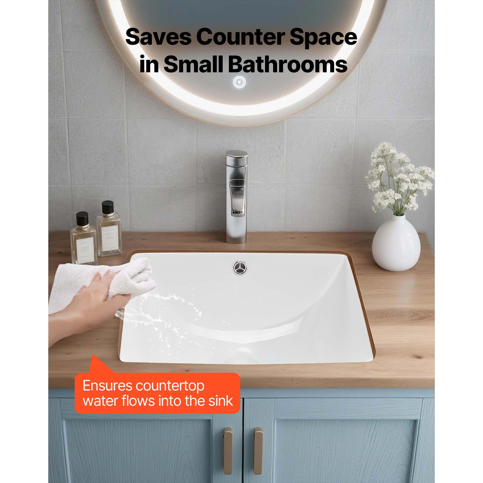 KFFKFF Rectangular Undermount Bathroom Sink, 18.11 x 12.99 Inch White Ceramic Basin with Overflow, Modern Under-Counter Vanity Sink for Compact Spaces