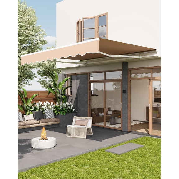 12'x10' Retractable Patio Awning, Waterproof Sun Shade with Manual Crank Handle, Aluminum Frame & 280g/㎡ Polyester Fabric for Deck, Porch & Balcony
