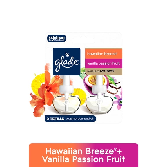 Glade PlugIns Scented Oil 2 Refills, Air Freshener, Hawaiian Breeze® & Vanilla Passion Fruit, Essential Oil Infused Wall Plug In, 1.34 FL oz, Pack of 2