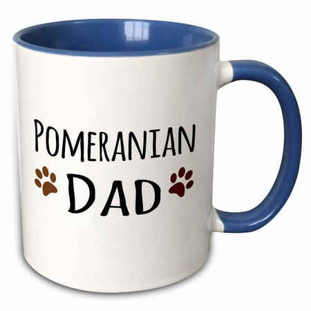

3dRose Pomeranian Dog Dad - Pom Doggie by breed - muddy brown paw prints - doggy lover - pet owner love - Two Tone Blue Mug 11-ounce