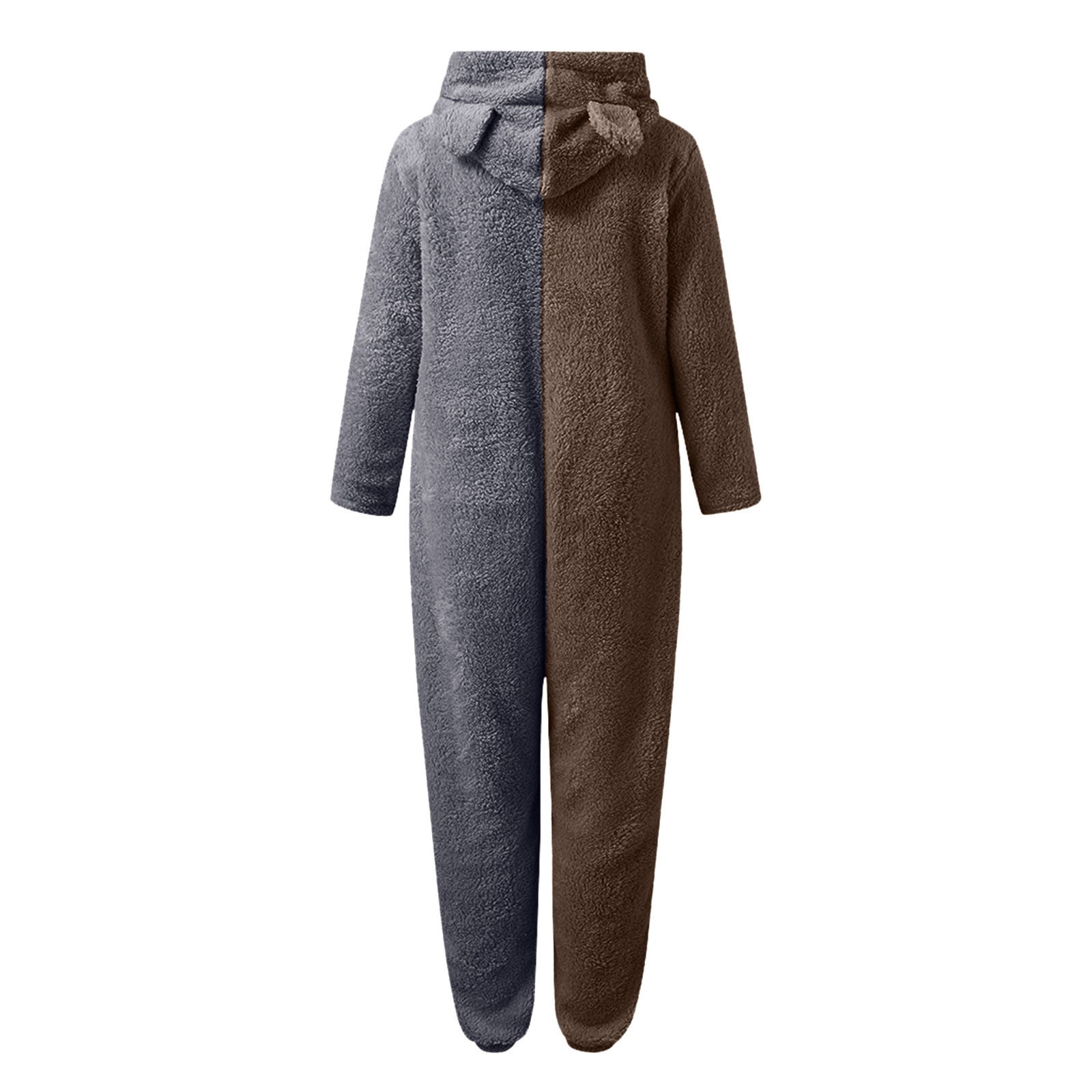 JURANMO Womens Winter Warm Hooded Fleece Sherpa Jumpsuits,2024 Women Long Sleeve Trendy Contrast Color Patchwork Full Zip Jumpsuit Pajamas with Two Cute Ears Casual Plus Size Rompe Sleepwear