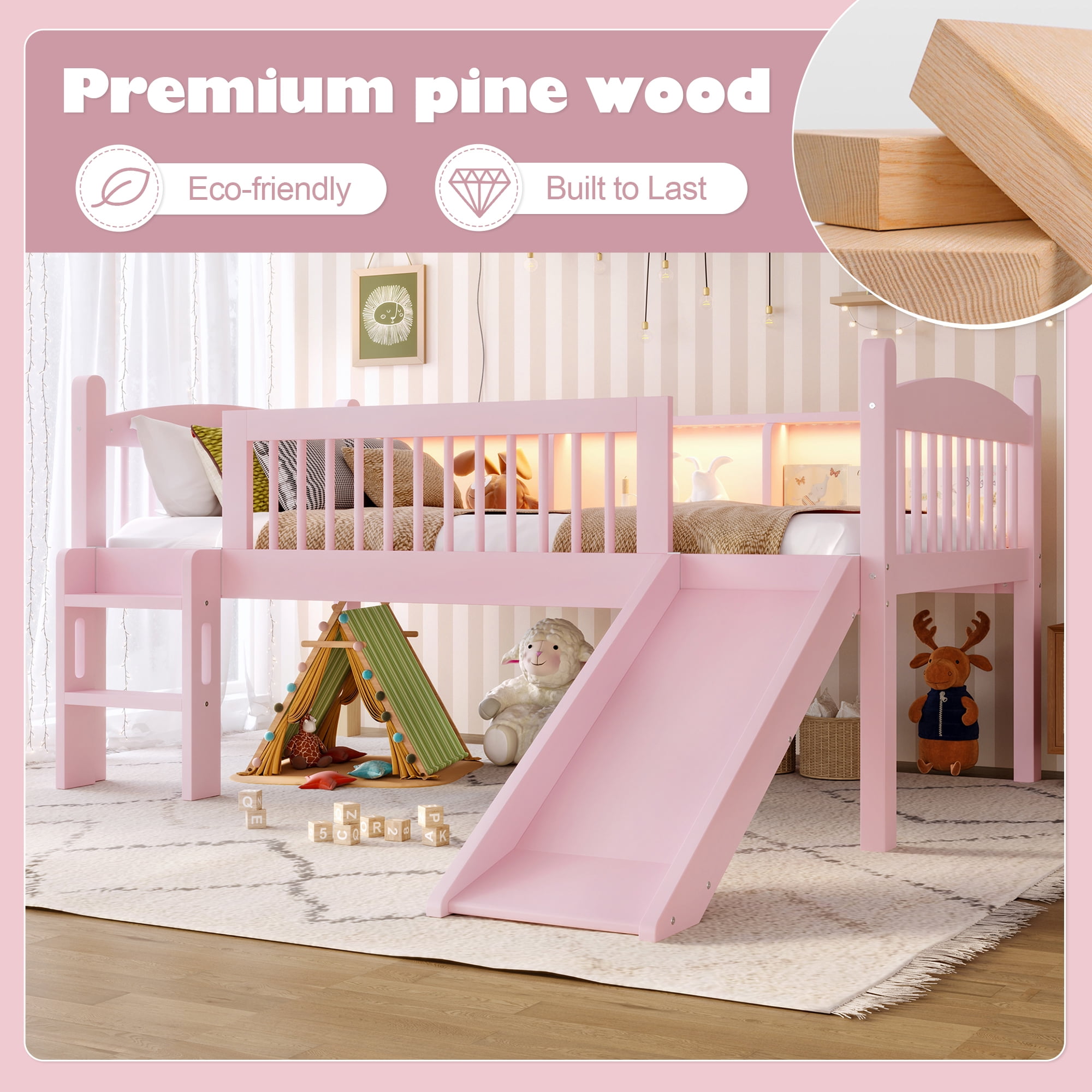 Leumius Twin Size Loft Bed with Slide,Solid Wood Loft Bed Frame with Storage Shelves,LED Lights and Full-length Guardrails,No Box Spring Needed,Pink