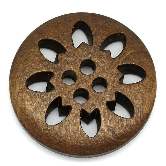 50PCs Wood Buttons Sewing Snowflake Carved 4 Holes Brown 25mm Dia.(1")