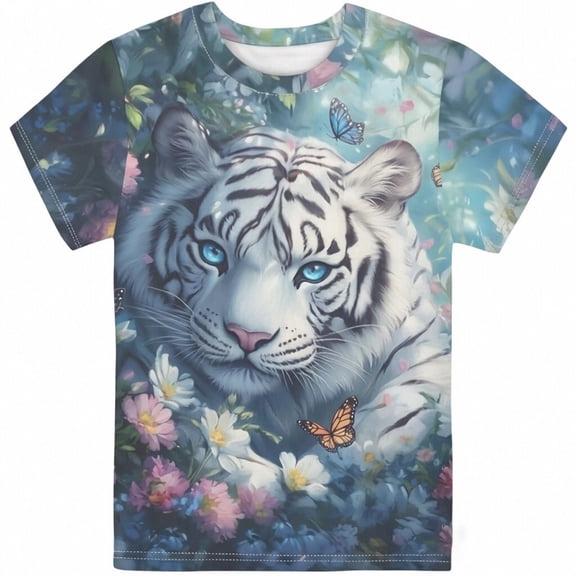 Lullu Girls Tiger Print Short Sleeve T-Shirt Soft Crew Neck T Shirt Summer Top, Sizes 1-13