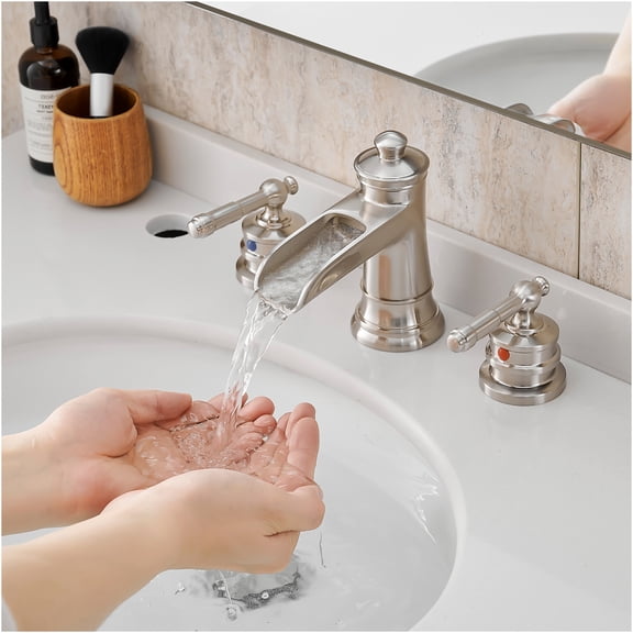 JERFIT 8 inch Widespread Bathroom Faucet with Drain Assembly, Brushed Nickel, 3-Hole Vanity Sink Faucet, Double Lever Handle, Solid Brass Construction