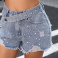 thumbnail image 5 of RYRJJ Womens Rhinestone Denim Shorts Y2K Summer High Waisted Jean Short Pearl Beaded Distressed Ripped Frayed Hem Jean Shorts(Blue,XL), 5 of 8