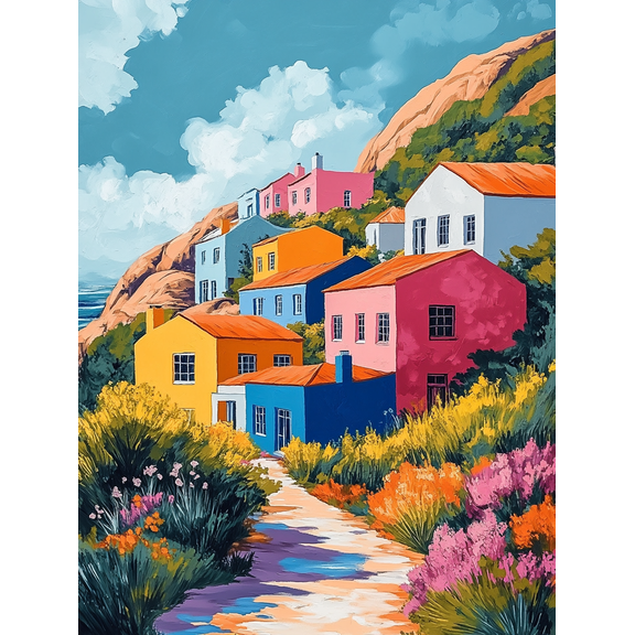 Colorful Coastal Houses Canvas Painting，Suitable for Living Room，Bedroom，Office，Hallway，and Kitchen Decoration.