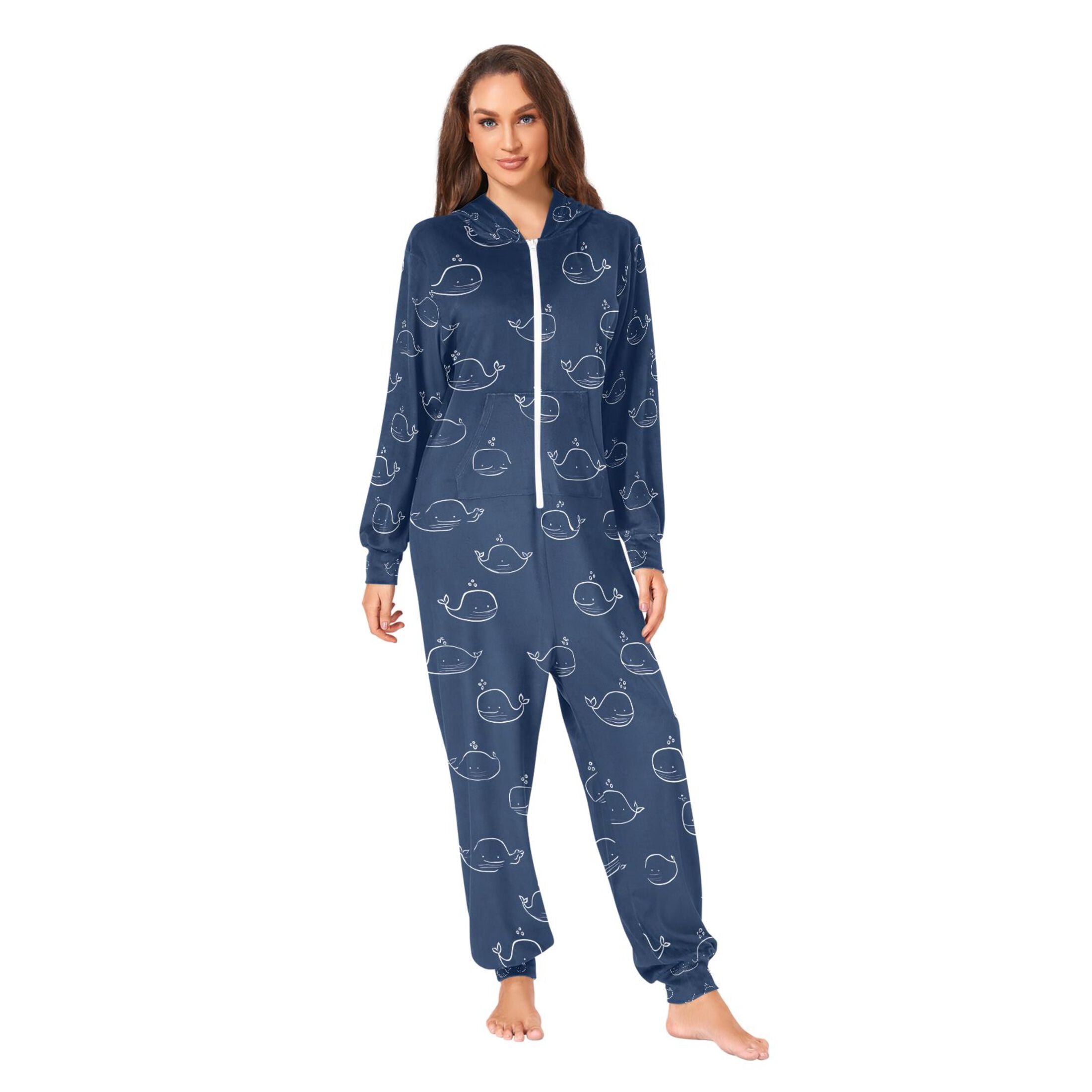 Adult Christmas Onesie Cute White Whale Adult Zipper One-Piece Pajamas Unisex Pajamas with Pockets