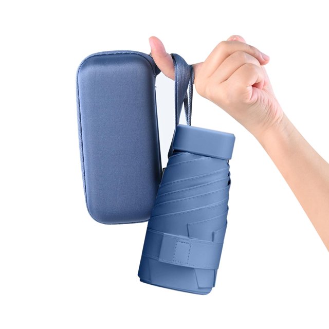 Miniparaguas de viaje plegable, compacto, resistente al viento, 6 varillas, portátil, anti-UV, con estuche tipo cápsula, azul