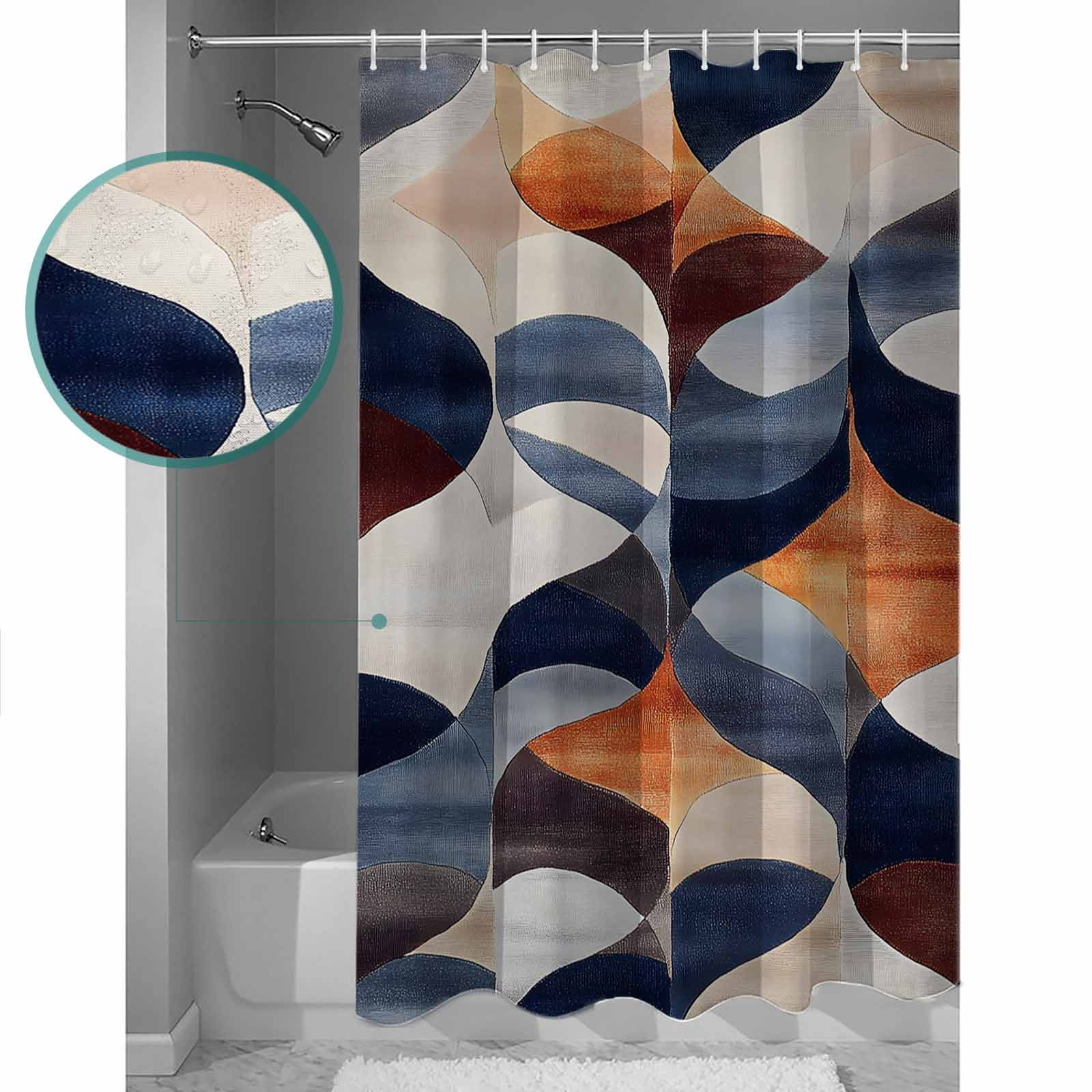 Navy Blue Burnt Orange Shower Curtains for Bathroom Waterproof Fabric Bath Curtains Decor Bath Tub Curtain Retro Geometric Abstract Decorative Shower Curtain Sets with 12 Hooks, 72x72 Inch