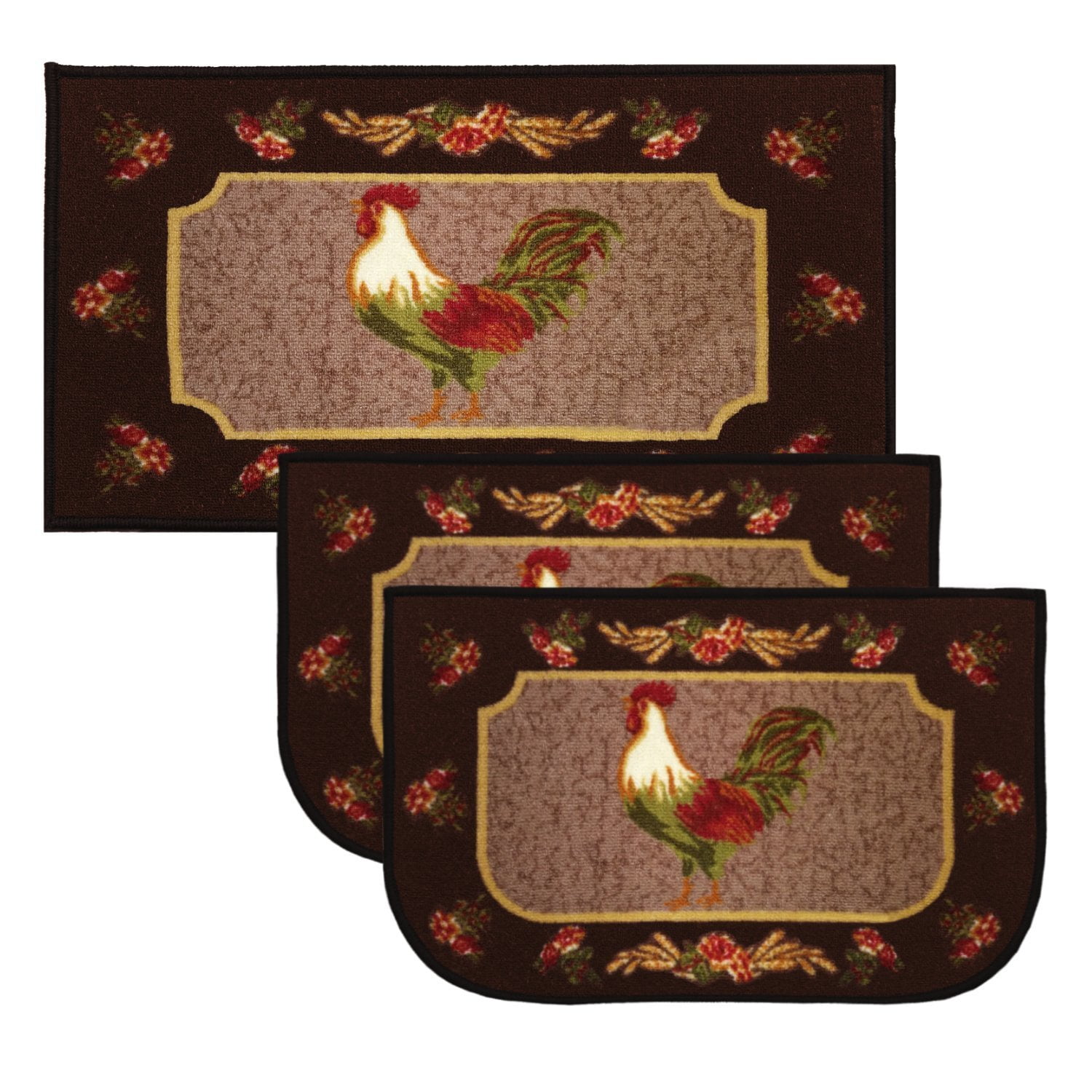 Kashi Home Rooster Brown 3pc Kitchen Rug Set 2 Slice 18 X30 Rugs 1 20 X40 Mat Non Slid Latex Back Walmart Com Walmart Com