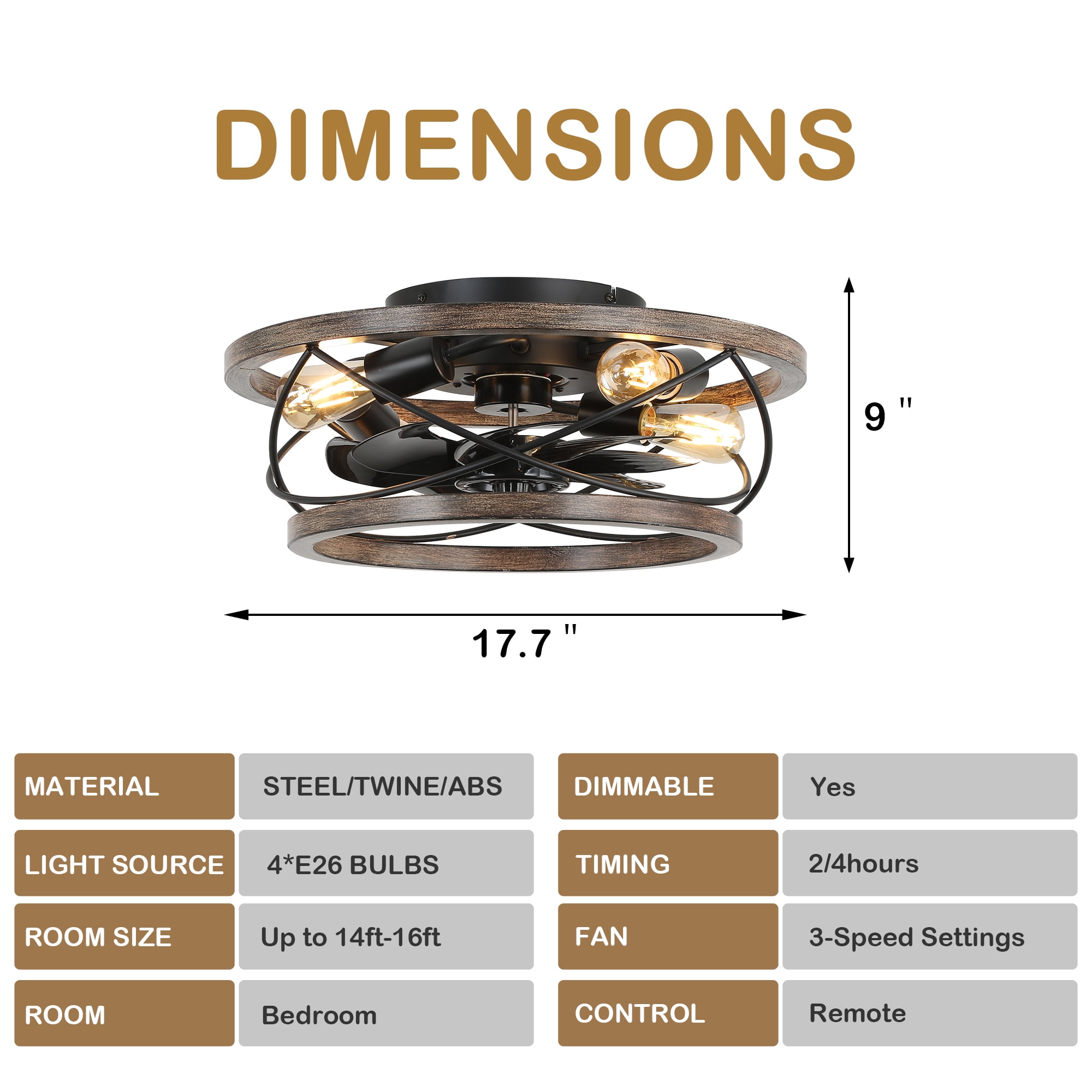18" Rustic Wood Caged Ceiling Fan with Light and Remote Control, Farmhouse 3-Speed Reversible Flush Mount Ceiling Fan