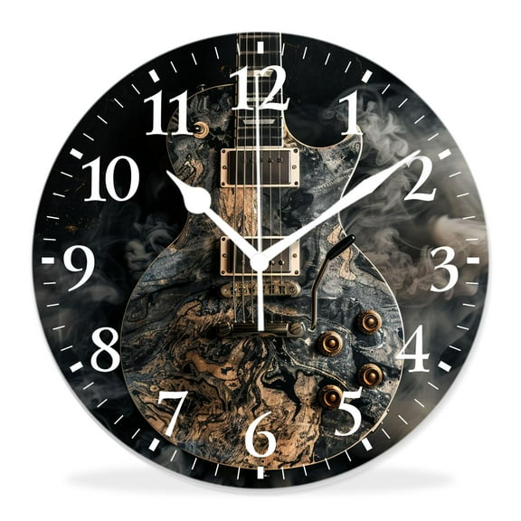 12 Inch Wall Clock Battery Operated Silent Clock Decorative for Office, Kitchen, Outdoor, Living Room，Electric Guitar on Flaming Vintage Delicate
