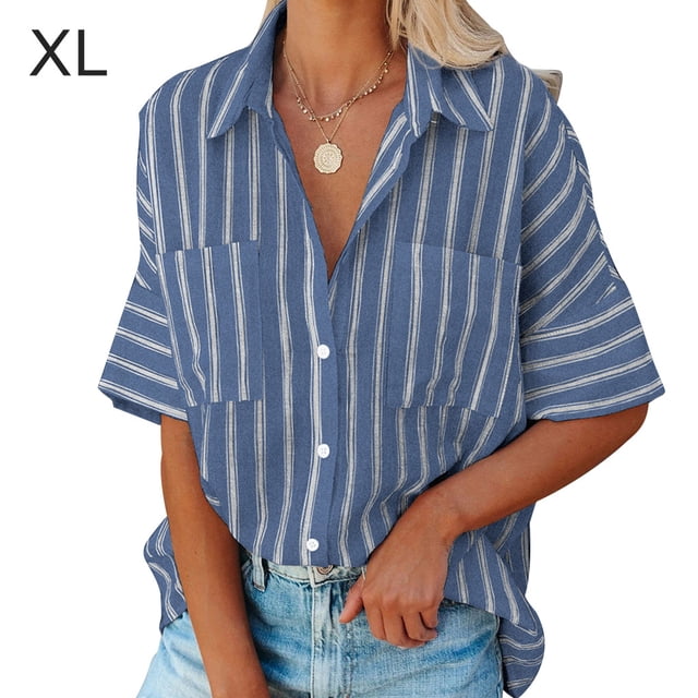 Sonducket Camisa de mujer Media manga a rayas Blusa con bolsillos Camisa de media manga a rayas Botón con cuello en V Top Prendas para la parte del cuerpo azul marino XL