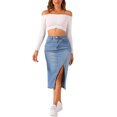 thumbnail image 2 of INSPIRE CHIC Women's Denim Skirt Casual High Waisted Front Slit Knee Length Jean Skirts, 2 of 4