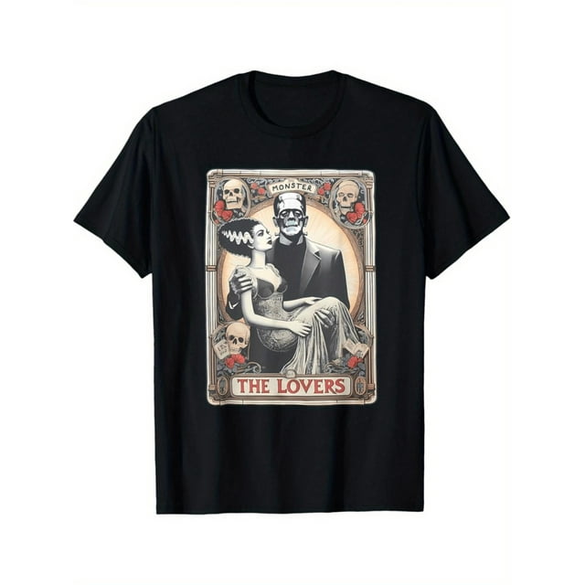 Retro Halloween Frankenstein Lovers Tarot Card Halloween T-Shirt" Graphic Tees Funny shirt Cotton Short sleeve Breathable Comfortable DiY Casual Sports Halloween and Christmas gifts "