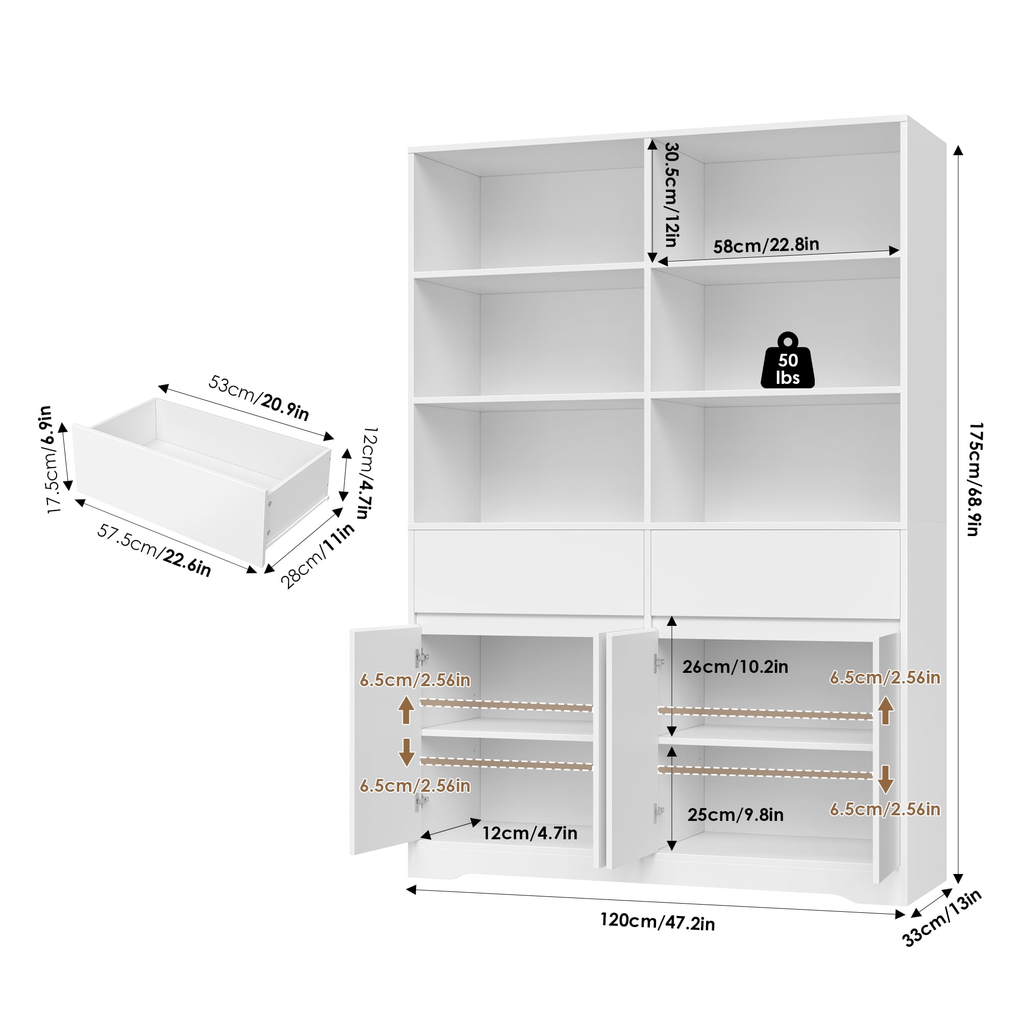 Hiphuta 69"H Modern Bookcases with Doors & Drawers, Large Wooden Display Shelf for Home Office, Wooden Storage Bookshelf for Living Room, White