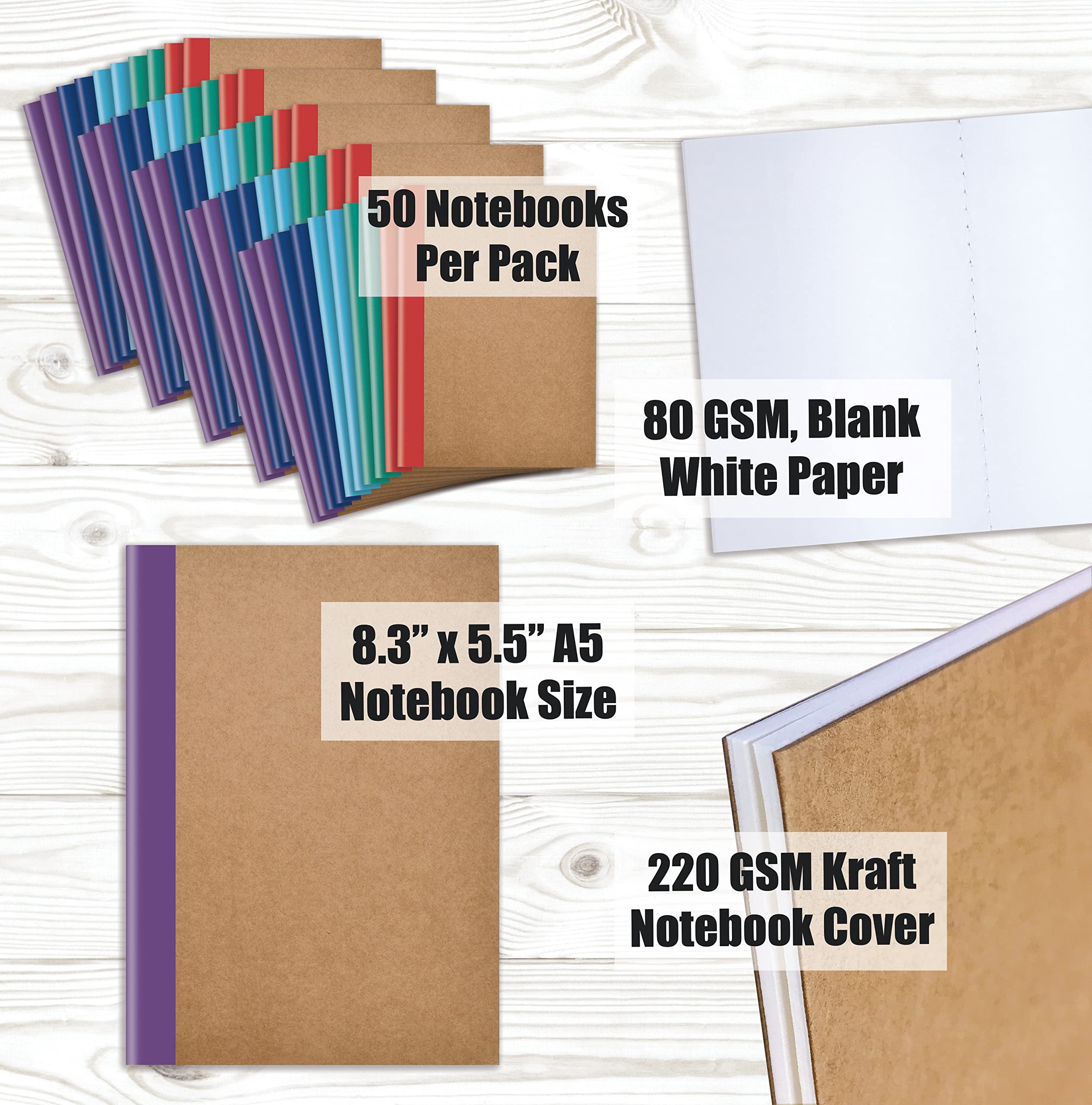 Better Office Products - Kraft notebook - stitched binding - A5 - 140 x 211 mm - 30 sheets / 60 pages - white paper - assorted color covers - paper (pack of 50)