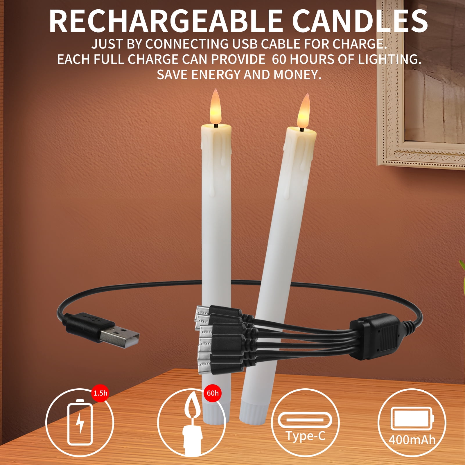Rechargeable Flameless Taper Candles, 6 Pcs Real Wax LED Taper Candles Flickering with Remote&Timer, 4 Replaceable 3D Flame candle Heads for Home Wedding Christmas Decor (White)