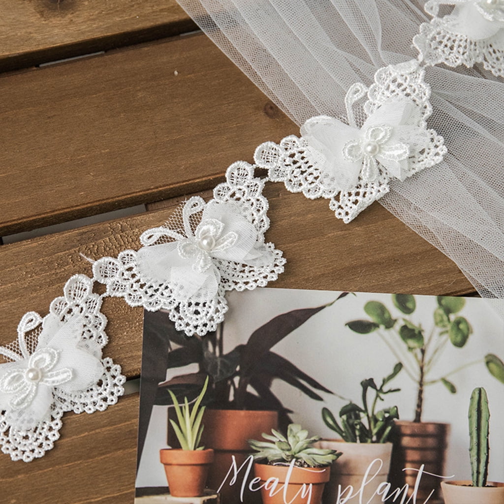 SANGHAI Embroidery Ribbon 1 Yard Butterfly Embroidered Lace Trim Ribbon Pearl Beaded DIY Sewing Applique White E