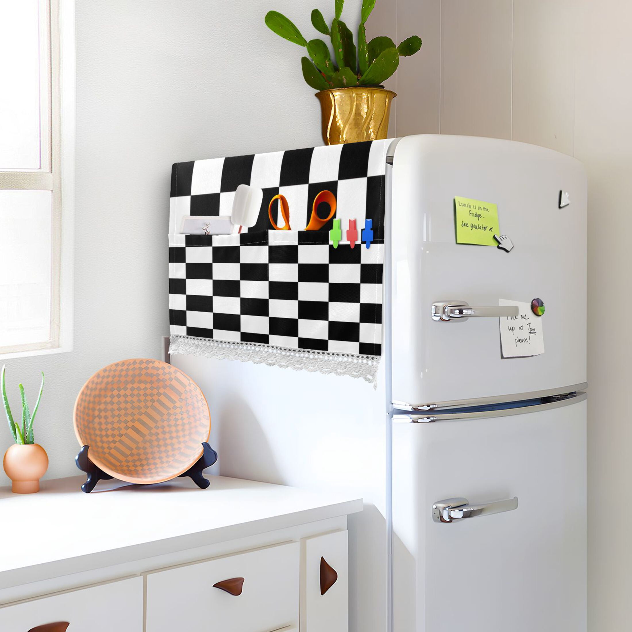 Washing Machine Cover 51.2x22in, Durable Polyester Dust Cover with Lace Trim and Side Pocket for Appliances Black and White Checkered