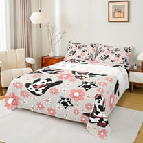 Manfei Rustic Cowgirl Hat Twin Sheet Sets, Fashion Cow Print Twin Fitted Sheet, Kawaii Pink Blossoms Floral Flat Sheet, Microfiber Bedroom Decor, 3pcs