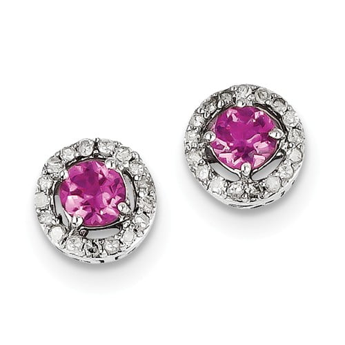 Sterling Silver Diamond & Pink Tourmaline Circle Post Earrings Carat Wt- 1.09ct (9MM) by Jewelrypot