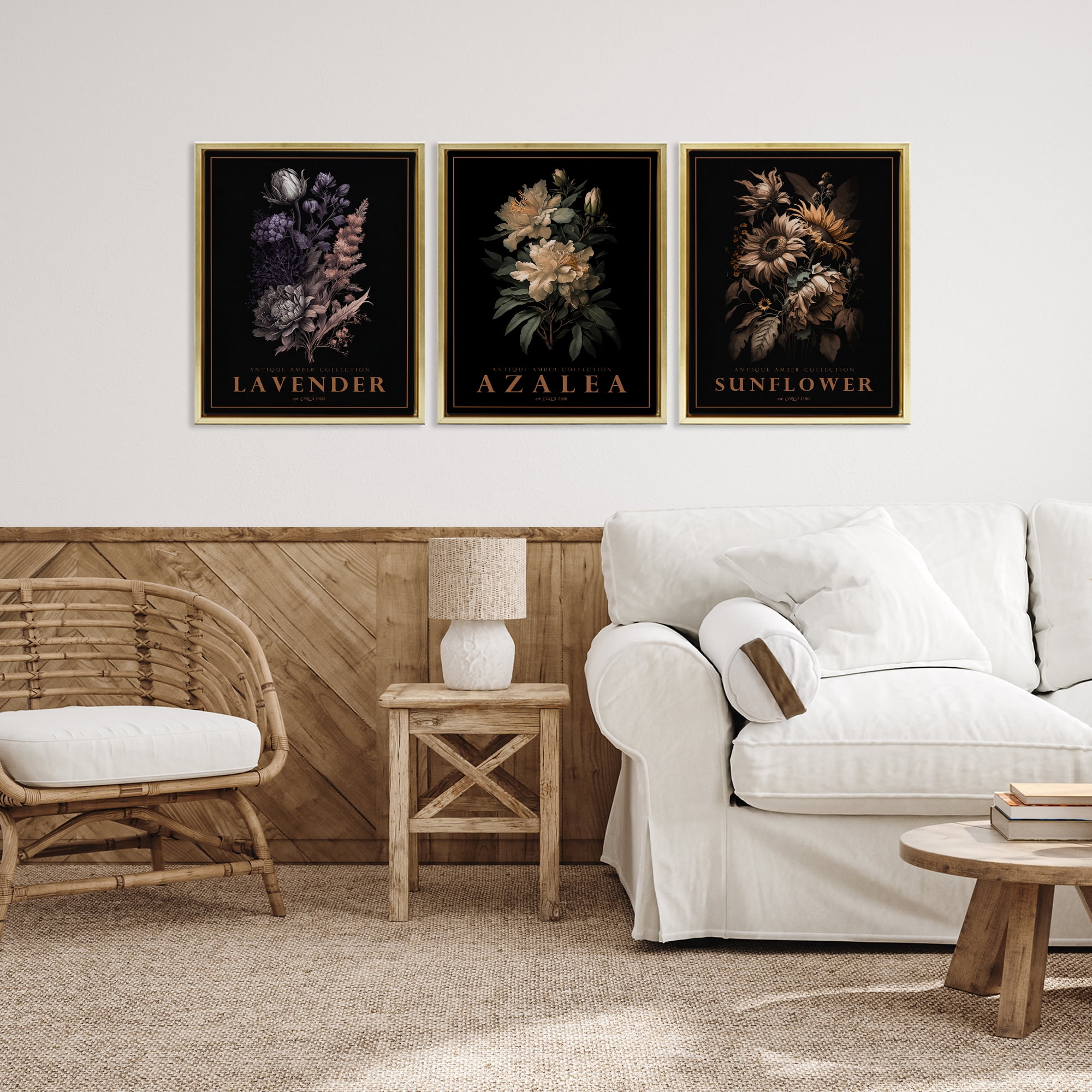 Stupell Industries Antique Botanical Herb Bushels 3 Piece Gold Framed Floater Canvas Set, design by Christopher Giampietro