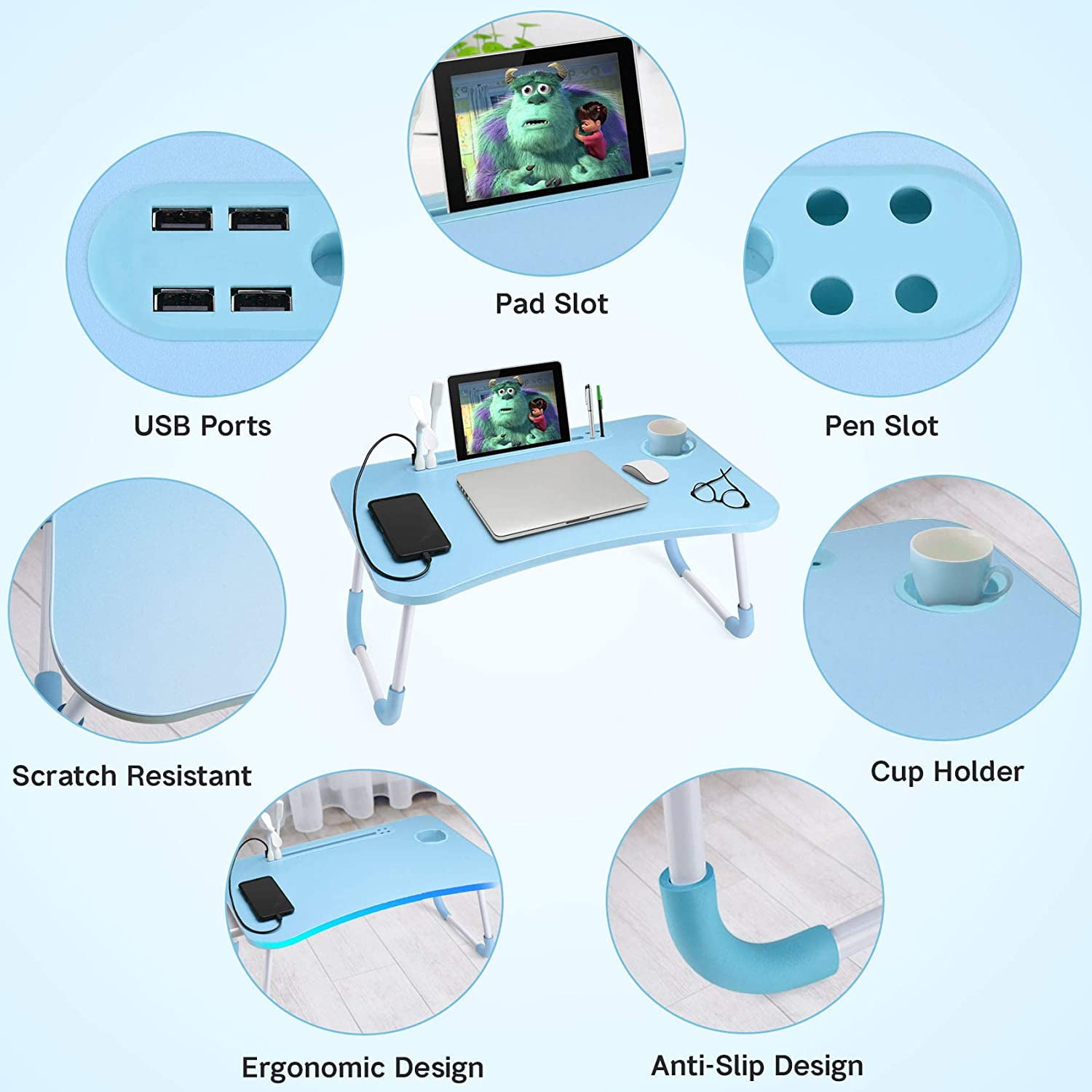 Lap Desk with Cup Holder, Foldable Laptop Table for Bed, Portable Bed Desk for Laptop and Writing, Computer Tray with Tablet Slot, Notebook Stand Reading Holder for Couch Sofa Floor,Blue