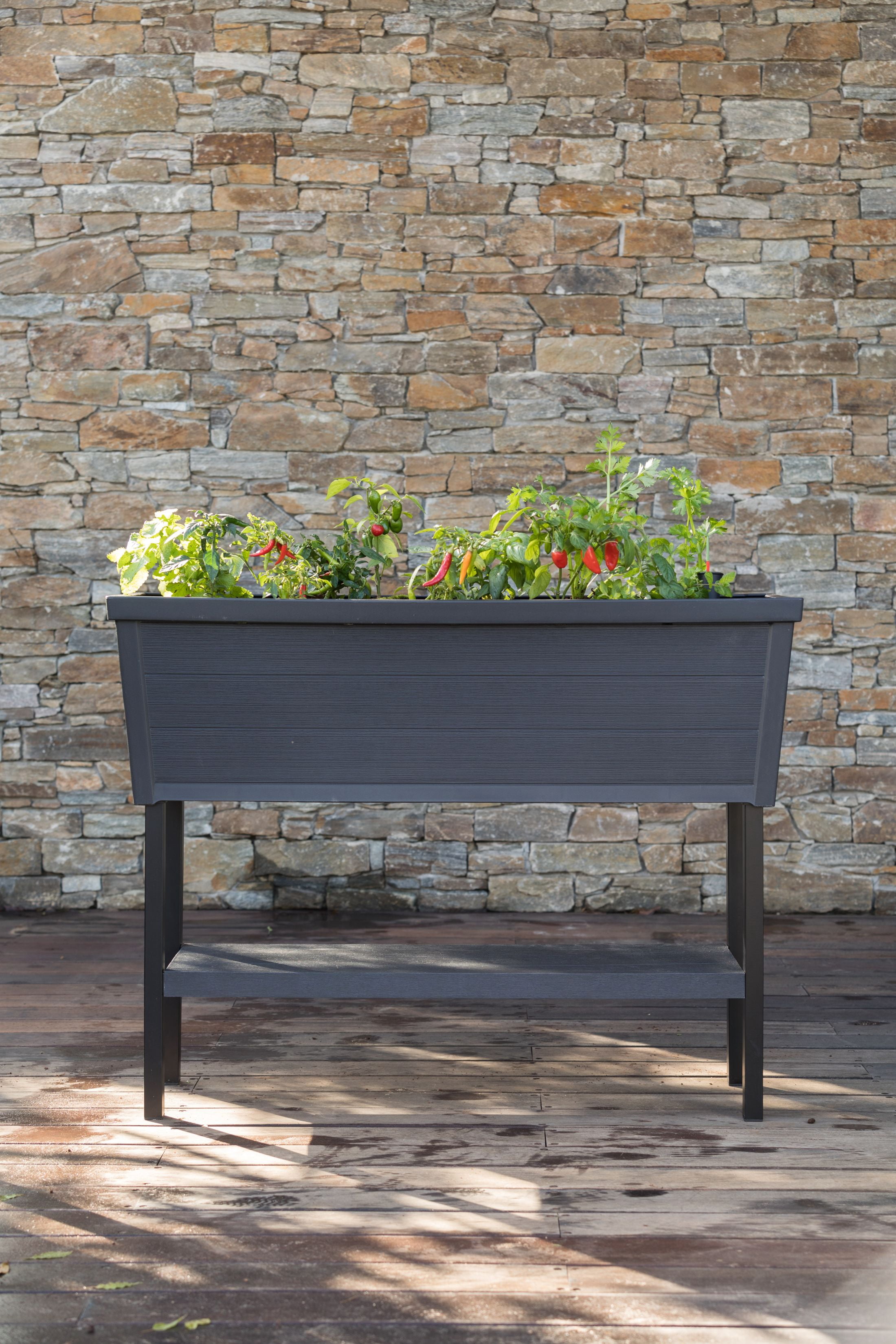 Keter Alfresco Garden Bed 44" x 18" x 33" Durable Wood-Look Raised Garden Bed with Self-Watering and Drainage System Kit, Gray