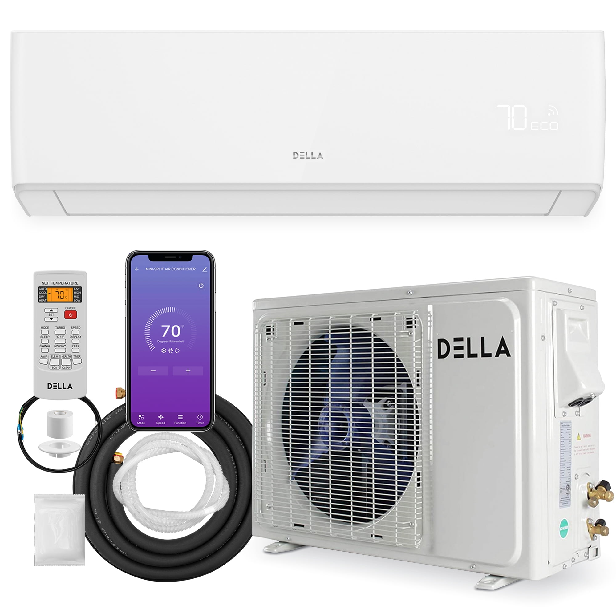 DELLA 18000 BTU Wifi Enabled Mini Split Air Conditioner u0026 Heater Ductless  Pre-Charged Inverter System, 21 SEER 208-230V Energy Efficient Unit with  1.5 Ton Heat Pump, Full Installation Kit (HA Series) - Walmart.com