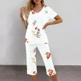 thumbnail image 2 of Pajama Sets for Women 2 Piece Floral Print Soft Cotton Short Sleeve Sleepwear V Neck Top and Capri Pants Pjs Outfits (2XL, White 04), 2 of 5